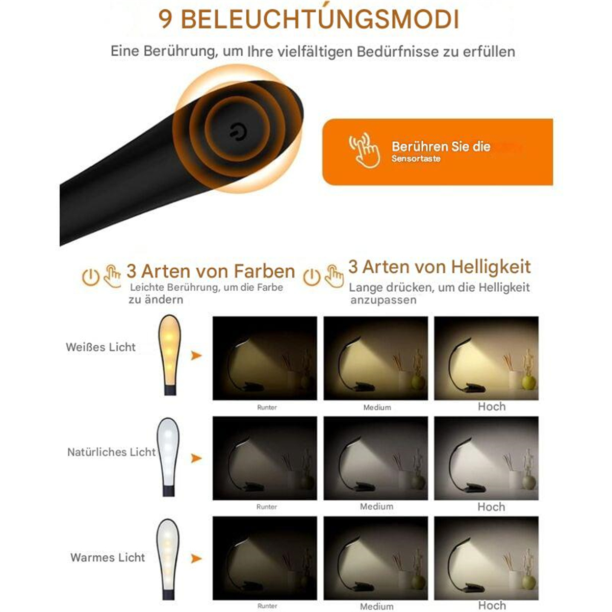 Lampe mit Touch-Steuerung. Drei Lichtarten und Helligkeitsstufen werden gezeigt.