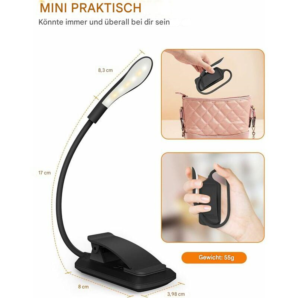 Schwarze Lampe mit flexiblem Hals. Abmessungen mit Text auf Deutsch gezeigt.