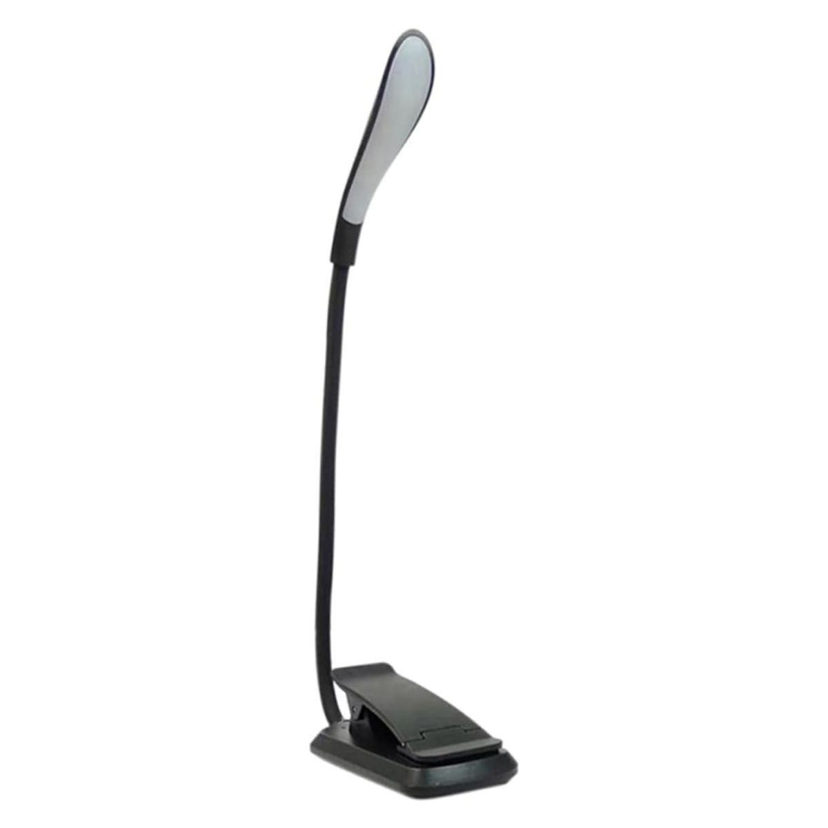 Schwarze Leselampe mit flexiblem Hals und Clip. Weißer Hintergrund.