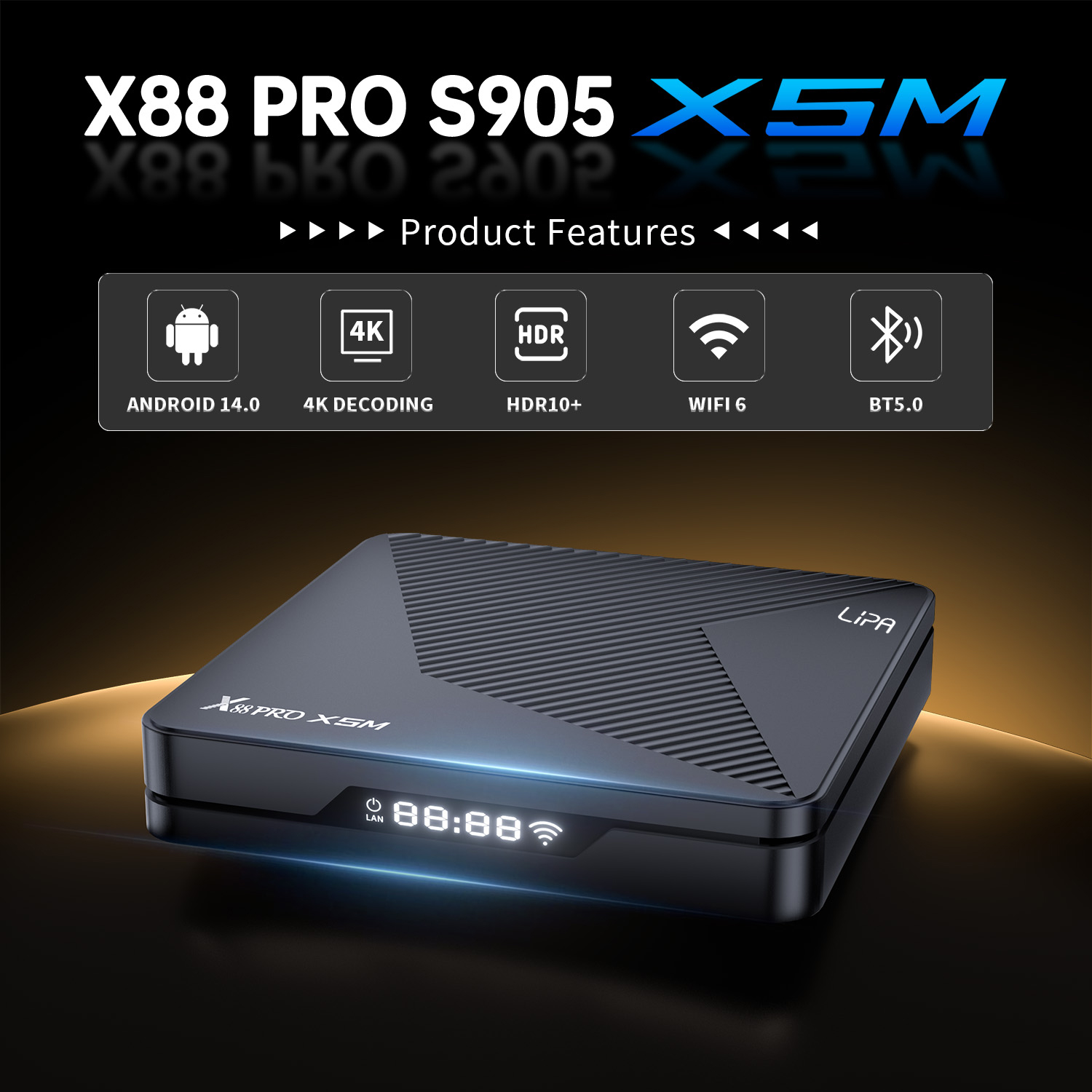 Schwarzes quadratisches Gerät mit Text 'X88 Pro S905 X5M' und Funktionssymbolen. Dunkler Hintergrund.