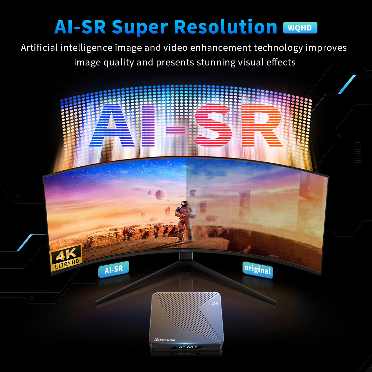 Urządzenie na stojaku, zakrzywiony ekran w tle wyświetlający grę. Obecny tekst AI-SR.