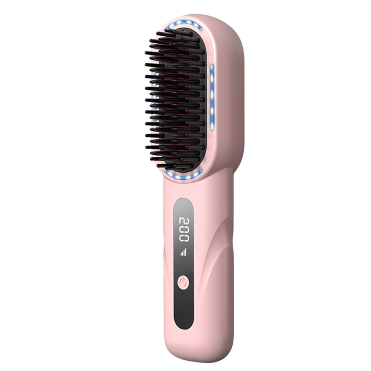 Eine rosa Haarglättungsbürste mit schwarzen Borsten und digitaler Anzeige.