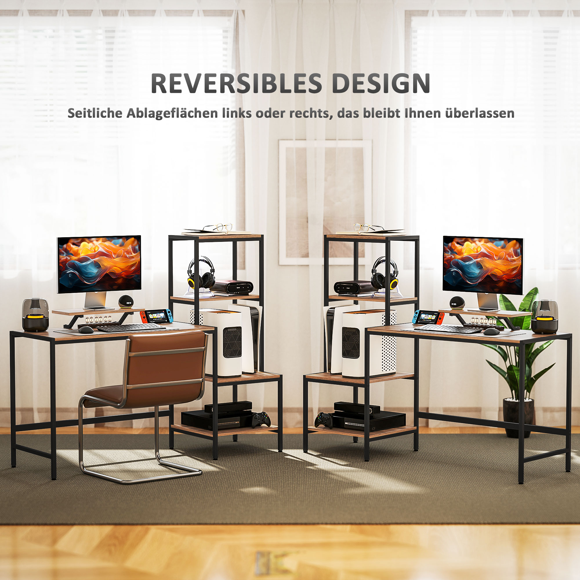 Zwei symmetrische Schreibtische mit Monitoren, Regalen und Spielekonsolen. Jedes hat einen Stuhl und eine Pflanze. Neutraler Hintergrund.