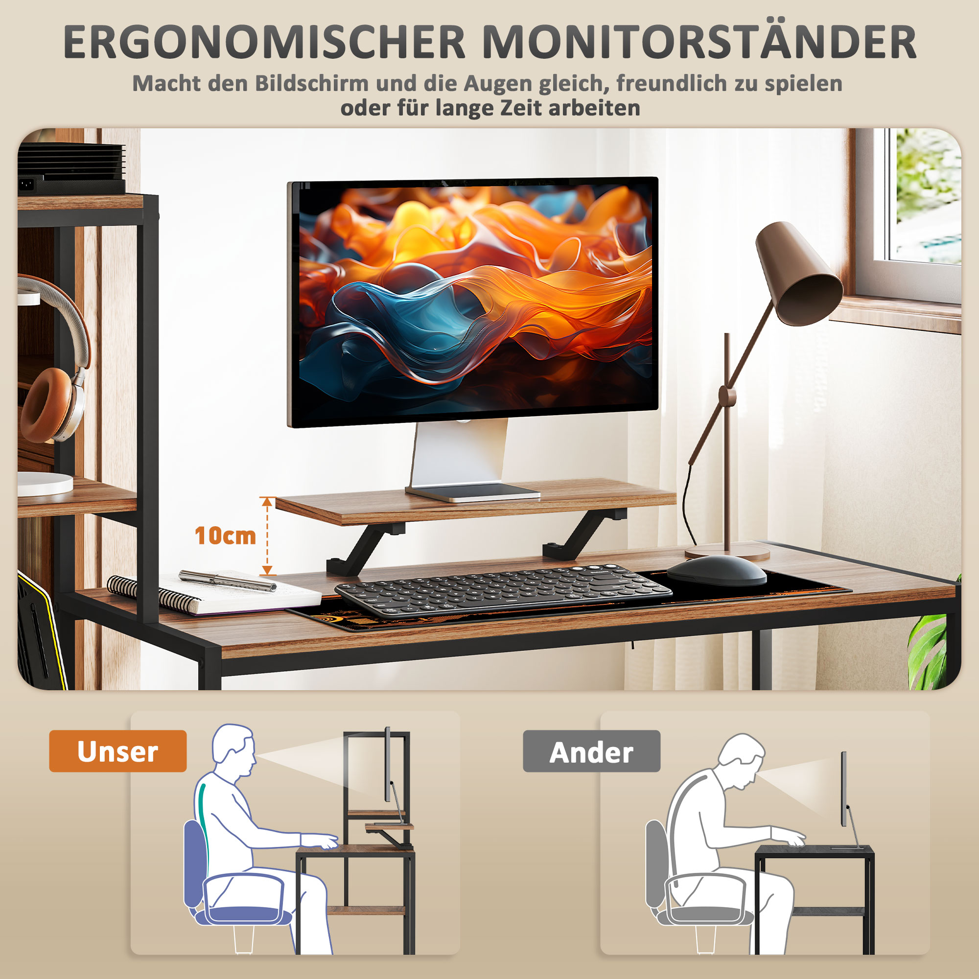 Ein Schreibtisch-Setup mit Monitorständer, Tastatur, Maus und zwei sitzenden Figuren, die die Haltung demonstrieren.