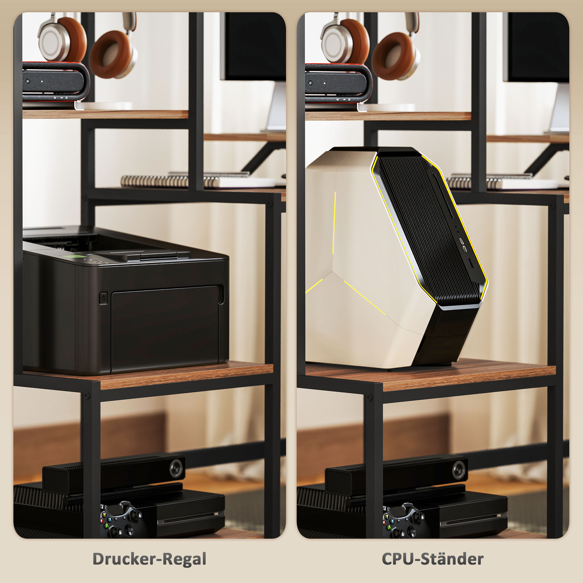 Zwei Bilder: ein Drucker und ein Computergehäuse auf Regalen, Teil eines größeren Schreibtisch-Setups.