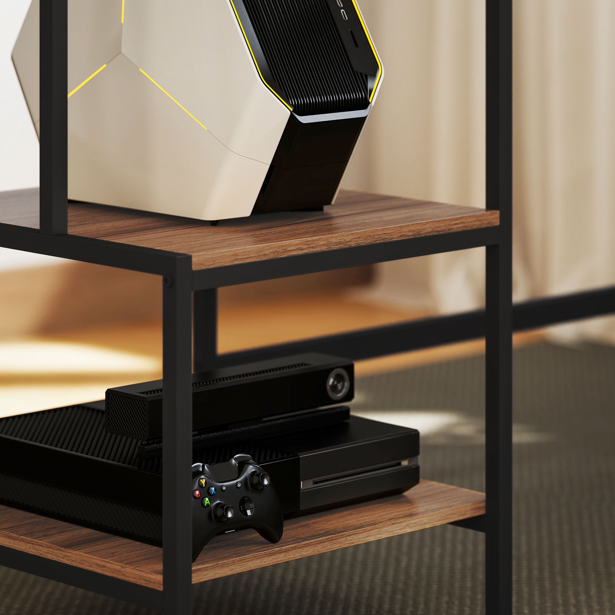 Ein Regal mit einem Computer und einer Spielkonsole. Ein Controller liegt auf der Konsole.