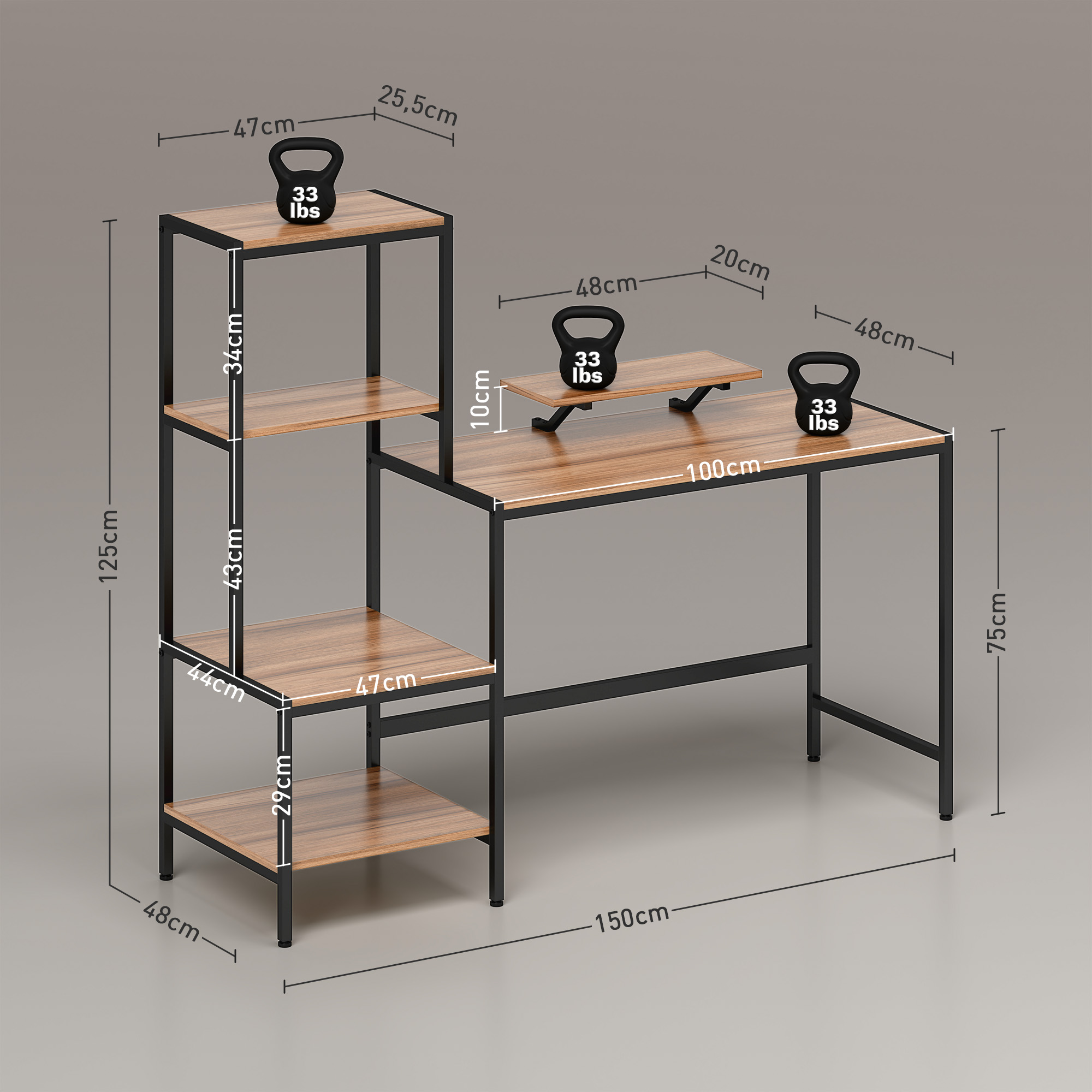 Schreibtisch aus Holz und Schwarz mit Regalen, Abmessungen angegeben, Gewichte auf den Regalen.
