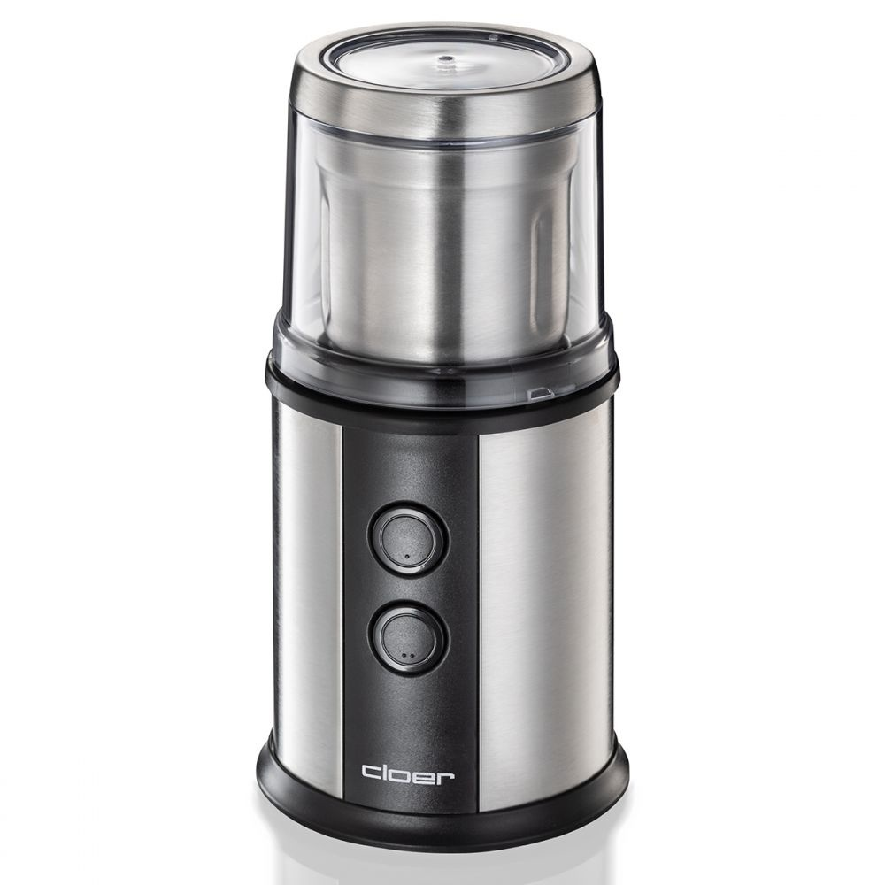 Młynek do kawy, głównie ze stali nierdzewnej, z czarną podstawą i dwoma przyciskami.