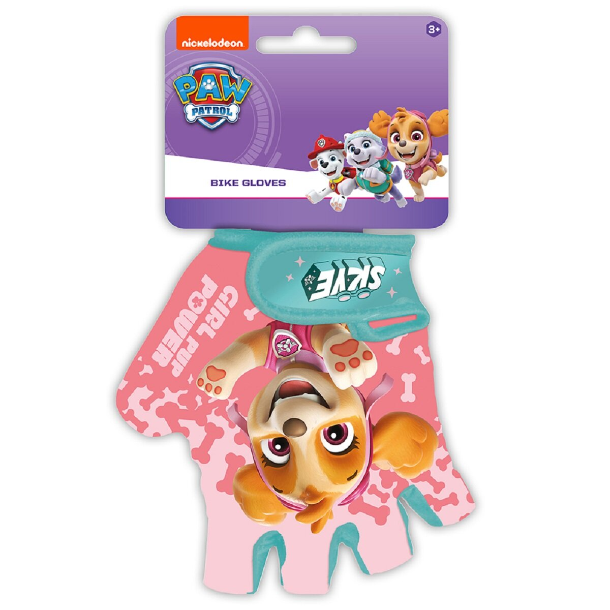 Pinke Paw Patrol-Fahrradhandschuhe, Skye-Gesicht auf einem, Text auf dem anderen.