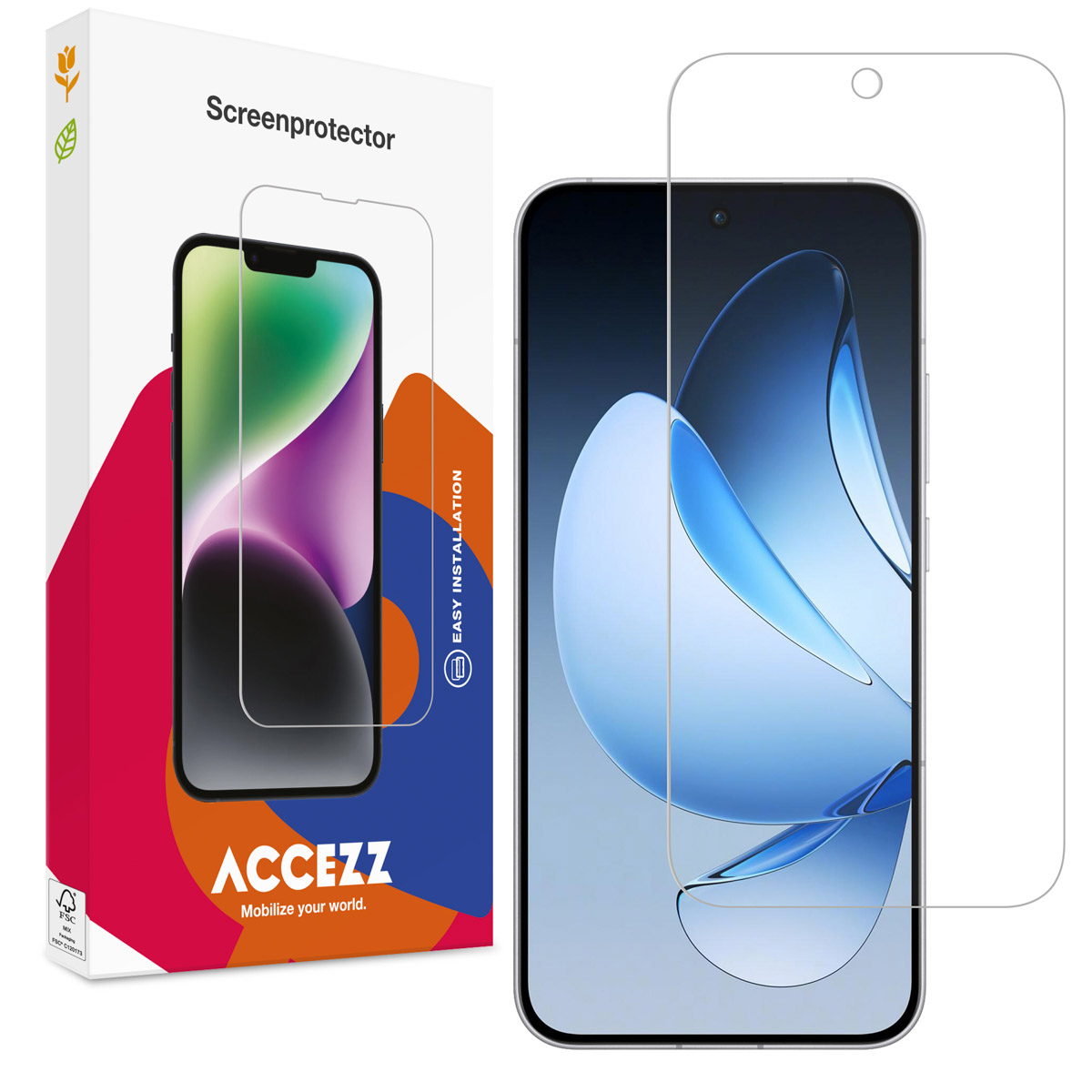 Transparante schermbeschermer naast een telefoon. Doos met telefoonafbeelding en tekst 'eenvoudige installatie'.