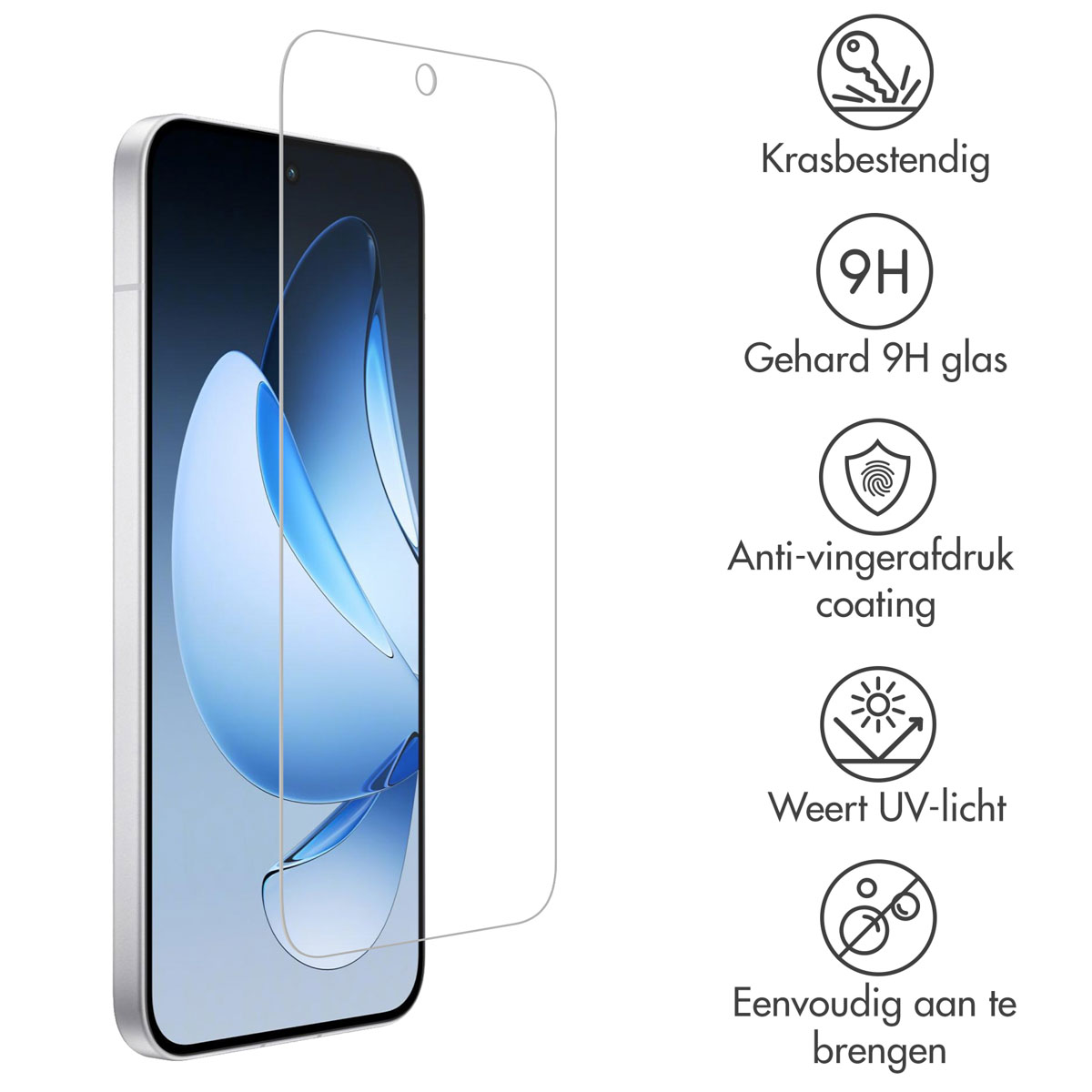 Een smartphone met een schermbeschermer ernaast, met pictogrammen die functies aangeven.