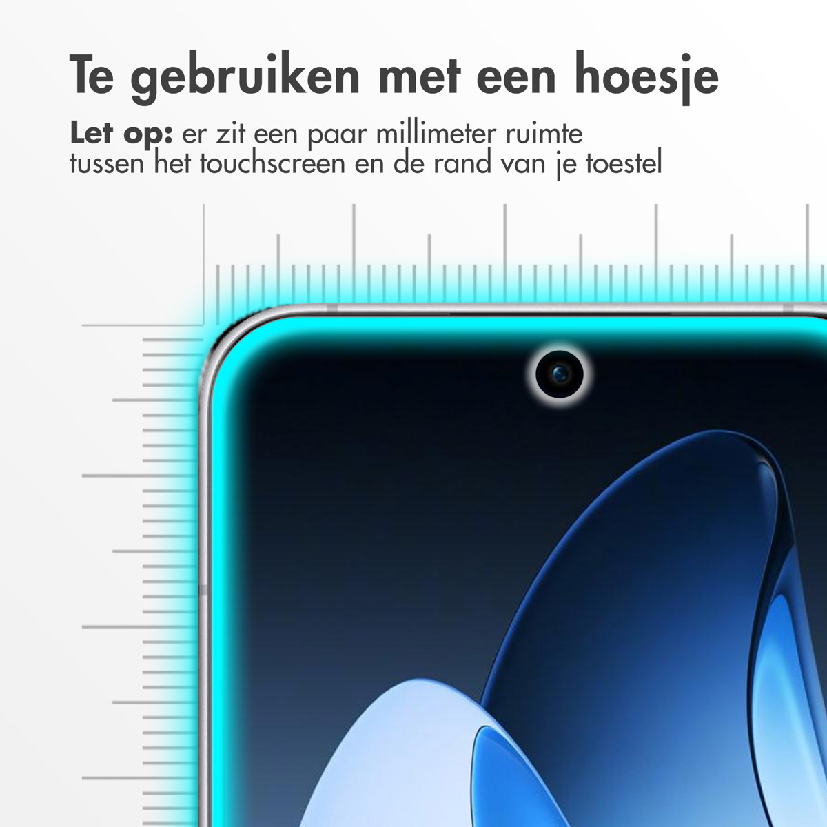 Close-up van een smartphonescherm met een schermbeschermer aangebracht, met tekst en lijnen.