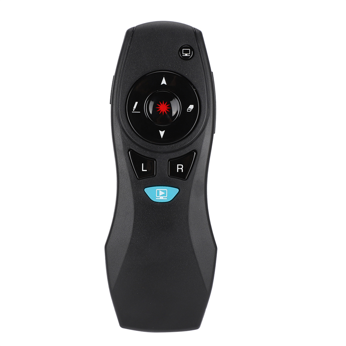 Eine schwarze Fernbedienung mit Tasten, einschließlich rotem Laserpointer und Wiedergabetaste.