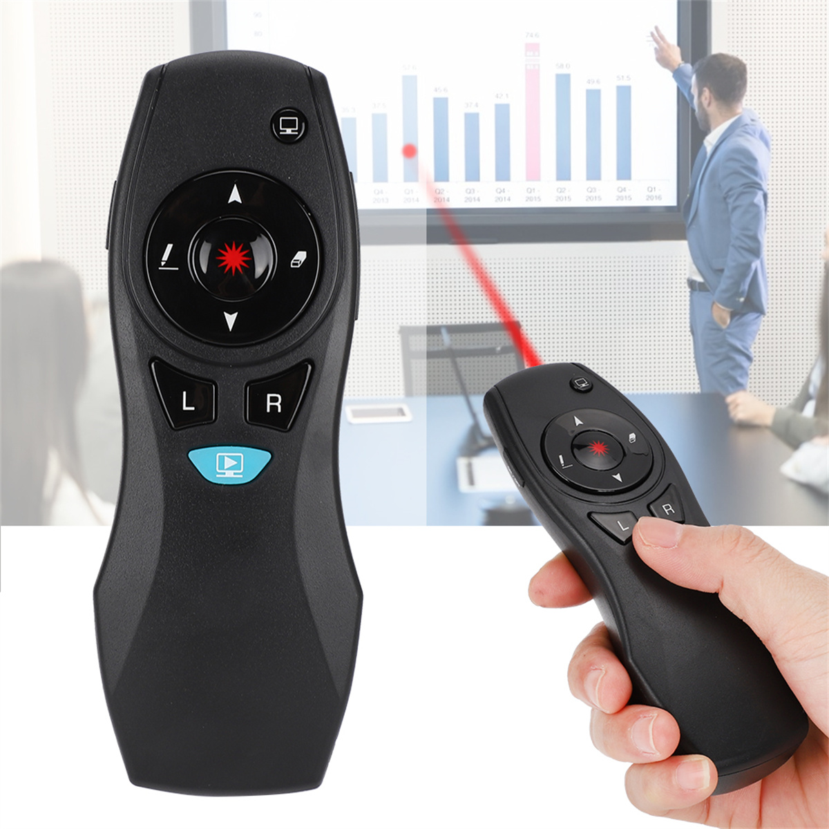 Schwarze Präsentationsfernbedienung mit Laserpointer.