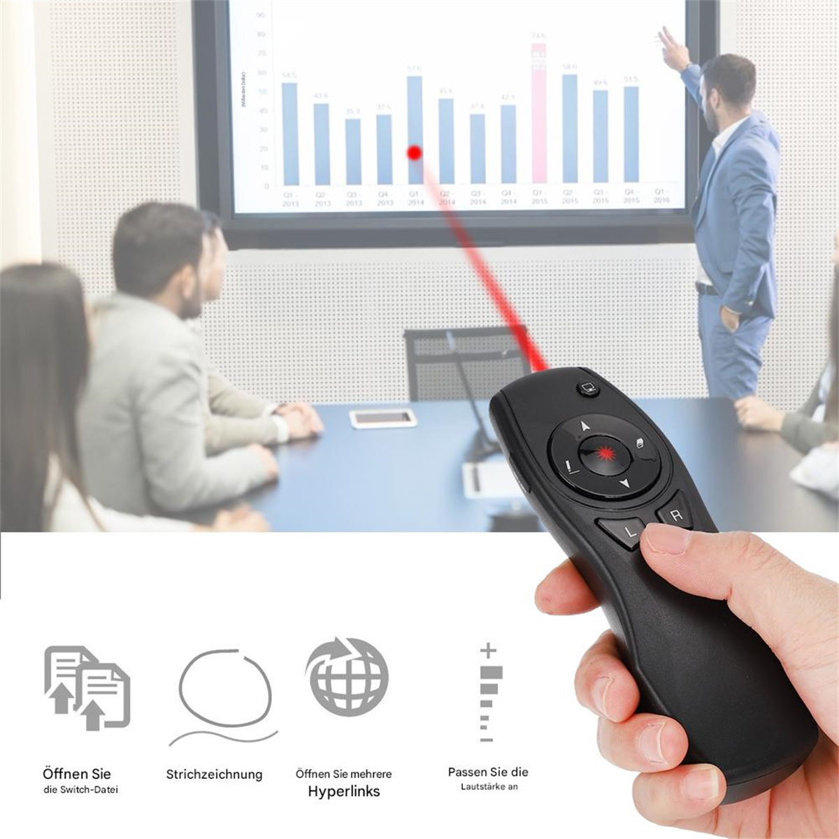 Schwarze Präsentationsfernbedienung mit Laserpointer und Diagramm.