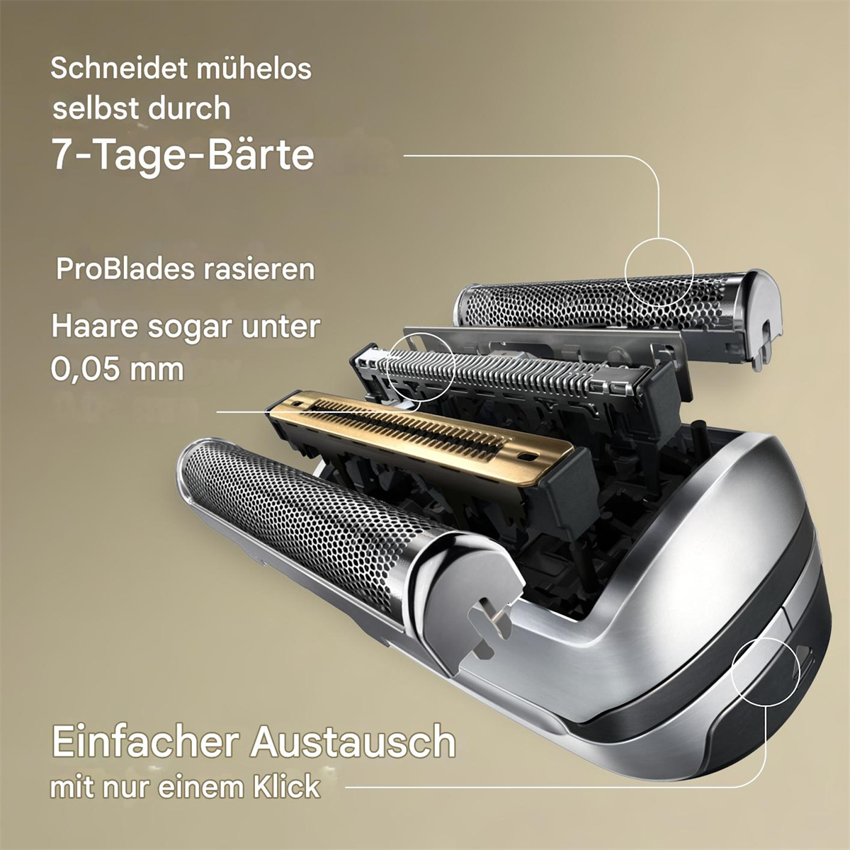 Nahaufnahme der Rasiererklingen, zeigt austauschbare Teile.