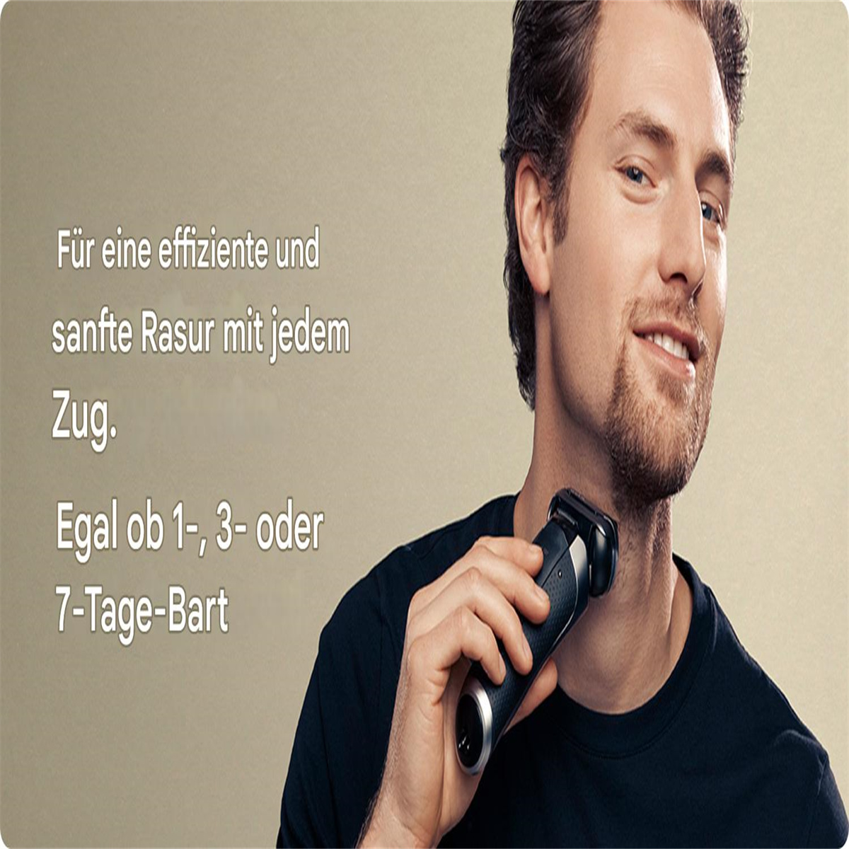 Mann rasiert seinen Bart mit einem schwarzen Elektrorasierer.