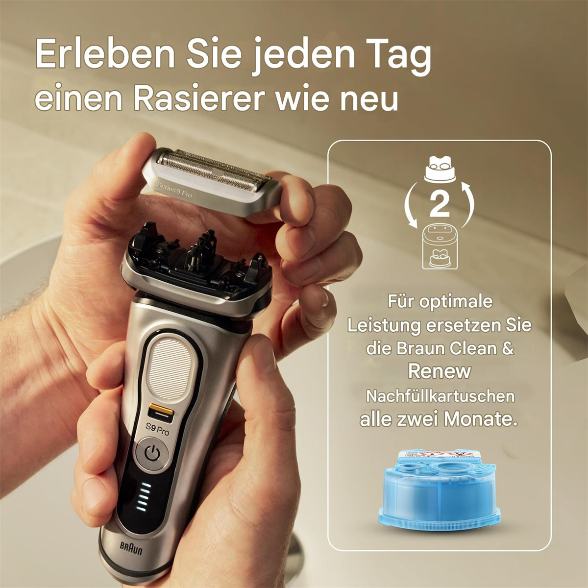Hände halten einen Rasierer mit einer Braun Clean & Renew Nachfüllung.