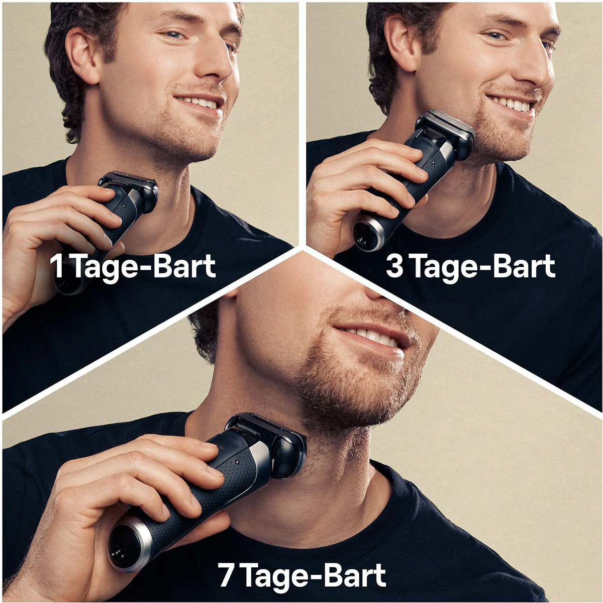 Drei Bilder zeigen einen Mann, der sich mit einem Trimmer rasiert. Die Bilder zeigen verschiedene Bartlängen.