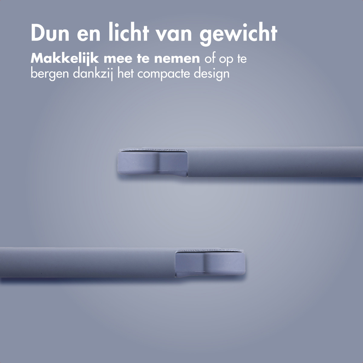 Two close-up views of a blue tablet case. The case is thin and light, easy to carry.