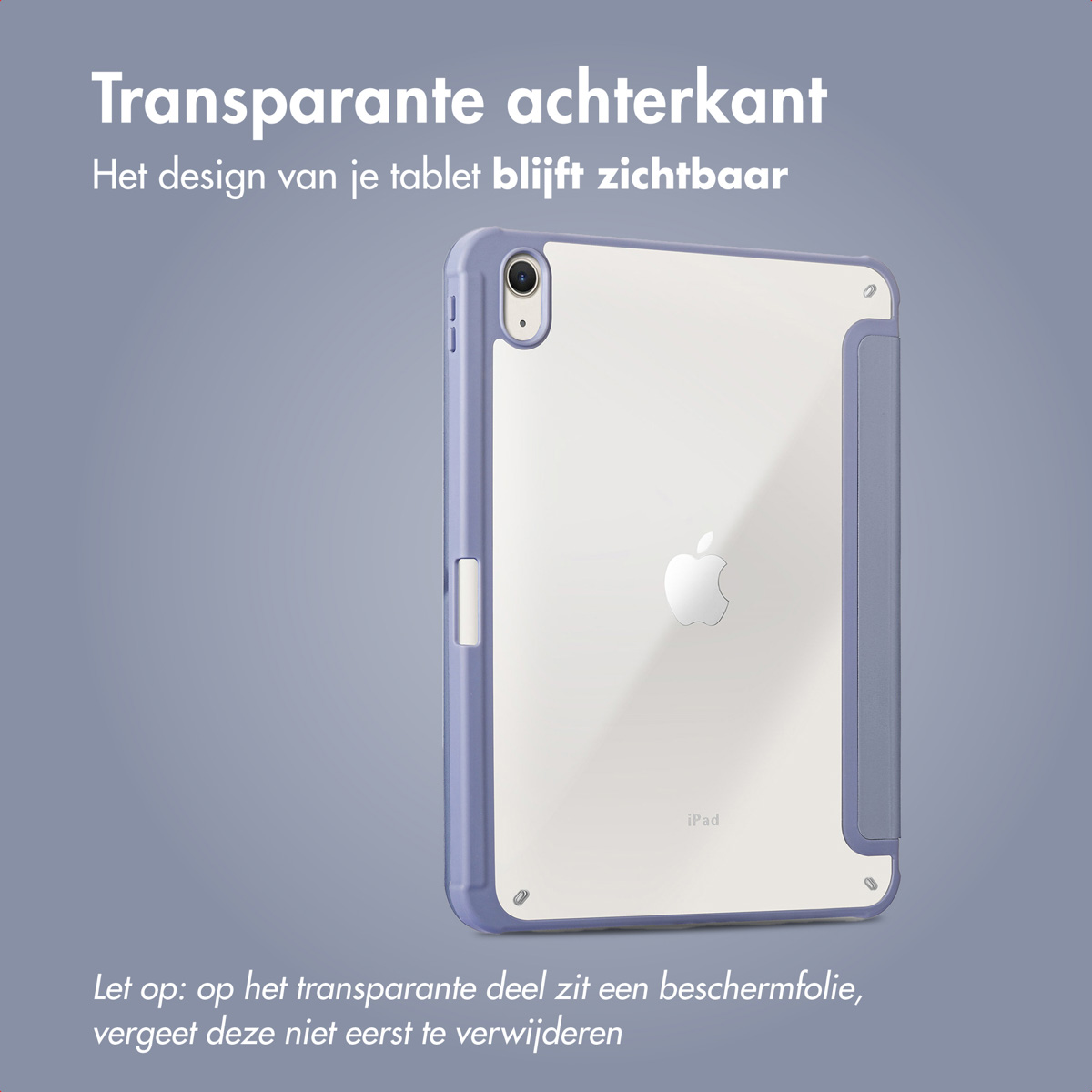 A blue tablet case with an iPad. It features a transparent back, showing the iPad design.