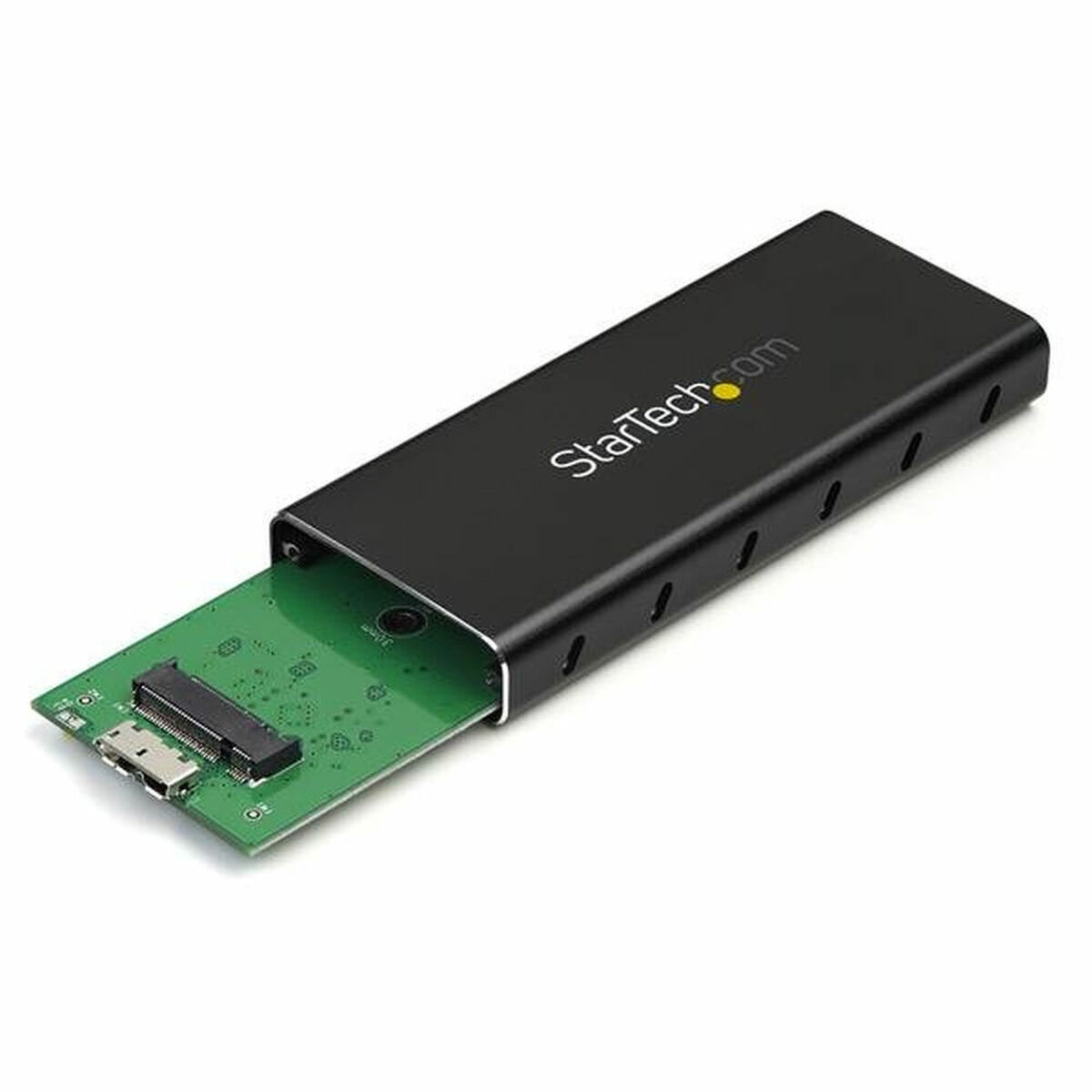 Una carcasa negra StarTech.com con una placa de circuito verde que se extiende desde un extremo.