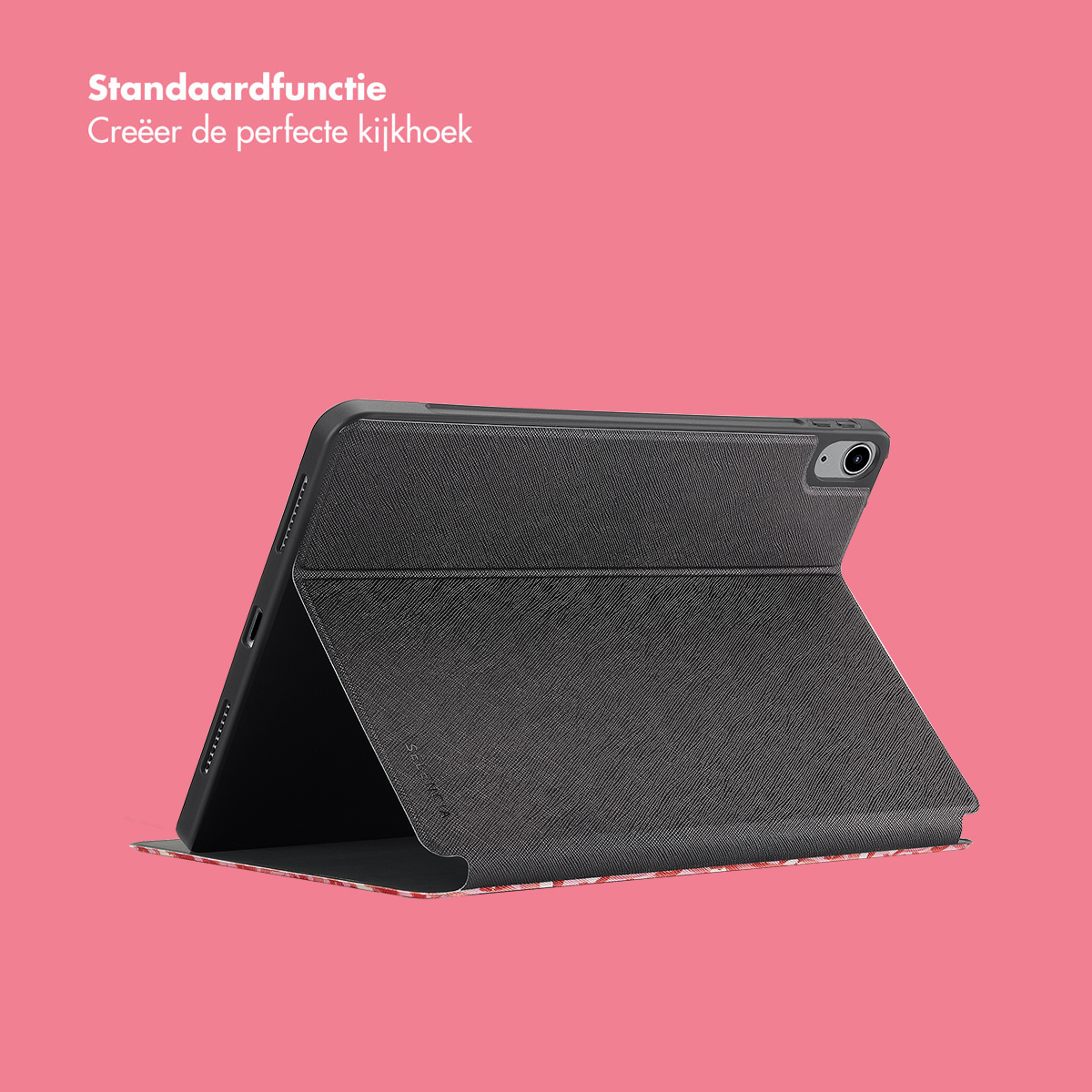 Tablet case on pink background. Top text says 'Standaardfunctie'. Case is open.
