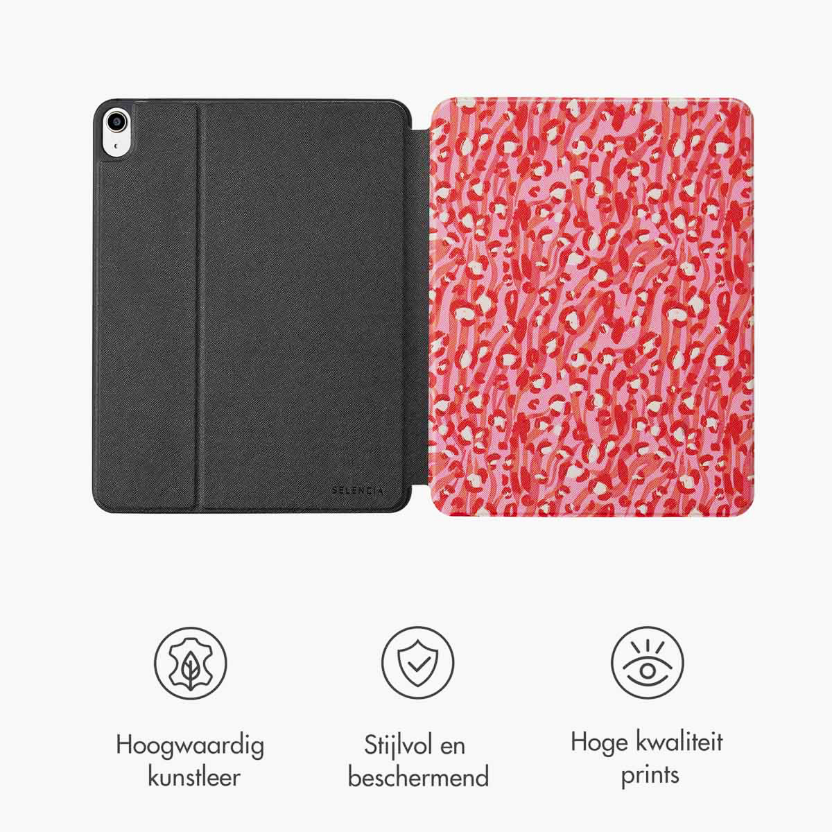 Black iPad case with red and pink animal print interior. Text says 'High-quality leather'.