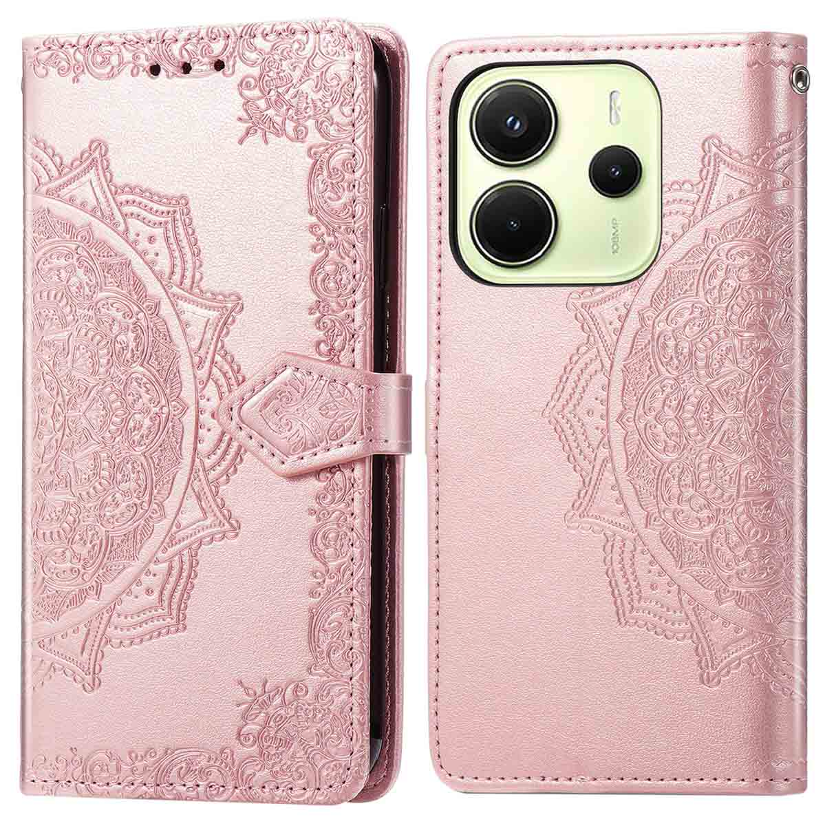 Roze telefoonhoesje met mandala-ontwerp open. Toont het gebied van de telefooncamera.