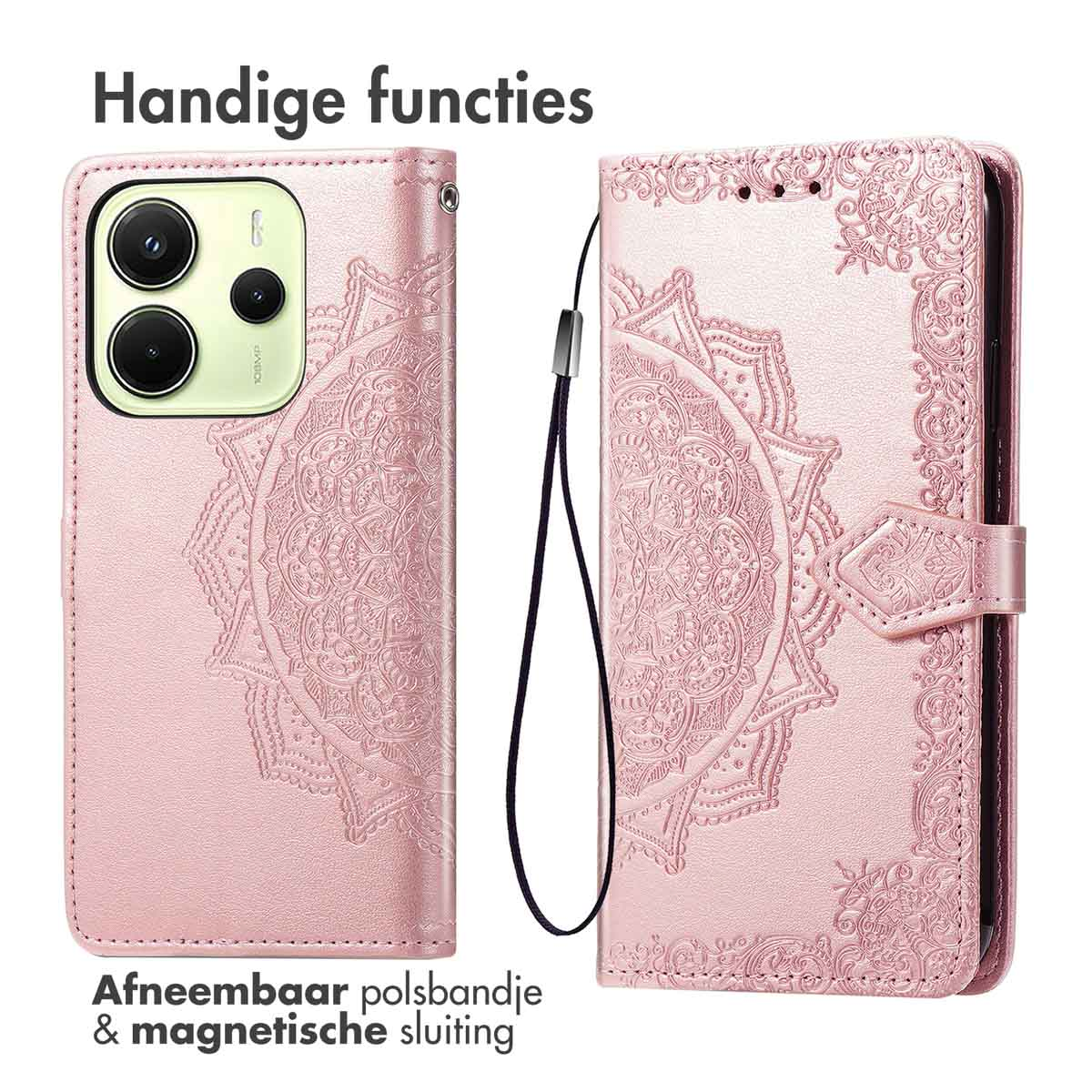 Roze telefoonhoesje met mandala-ontwerp, met kenmerken: afneembare polsband, magnetische sluiting.