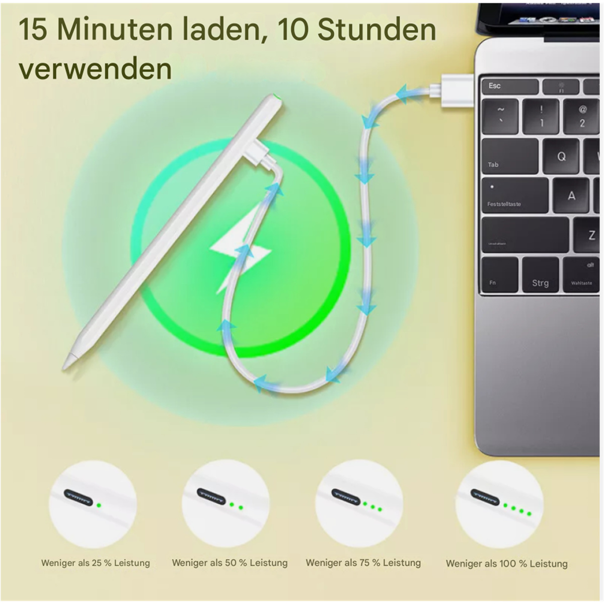 Laptop mit Ladegerät verbunden, mit weißem Stift und Ladeanzeigen.