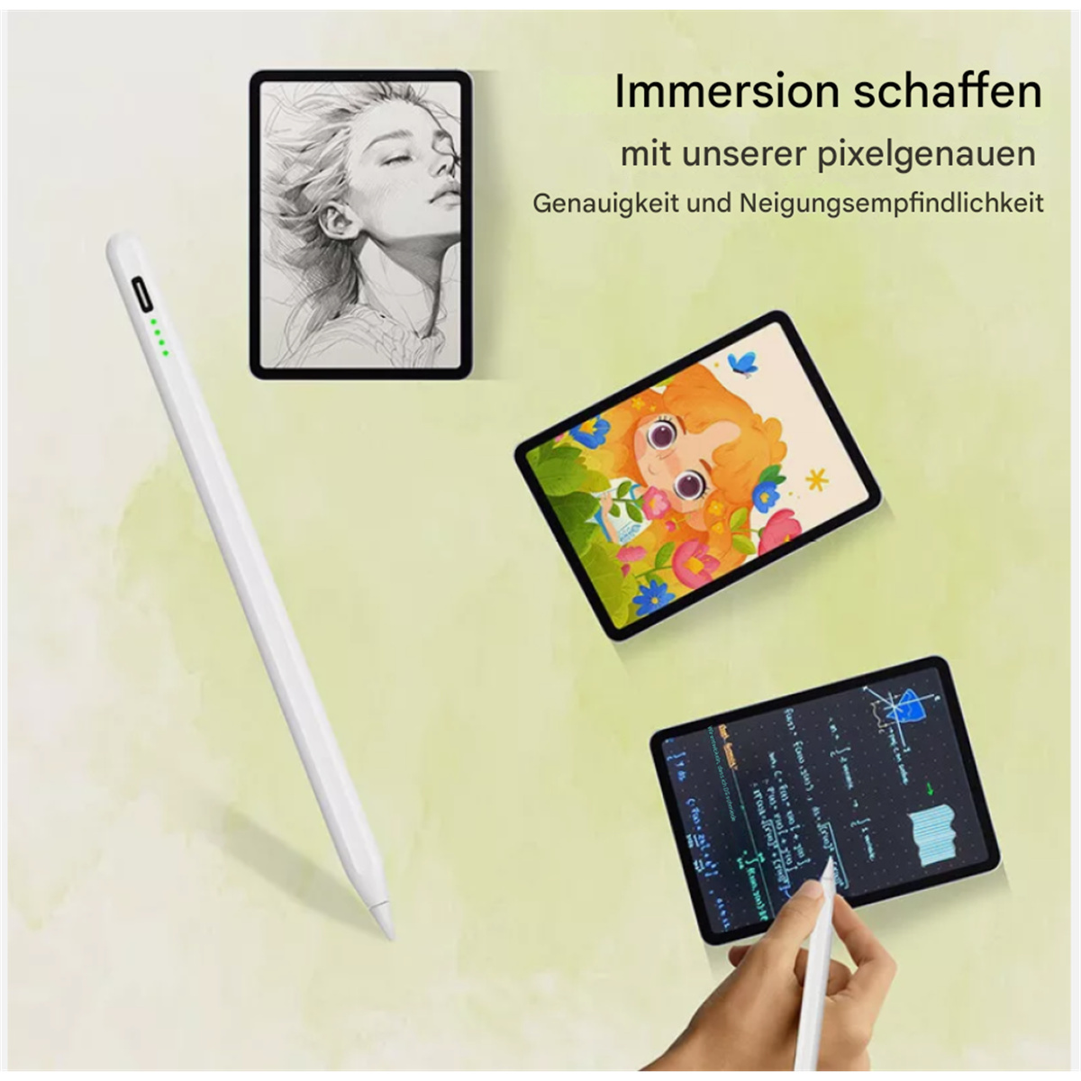 Ein weißer Stylus-Stift mit drei Tablets, die Zeichnungen und Diagramme zeigen, umgeben von Text.