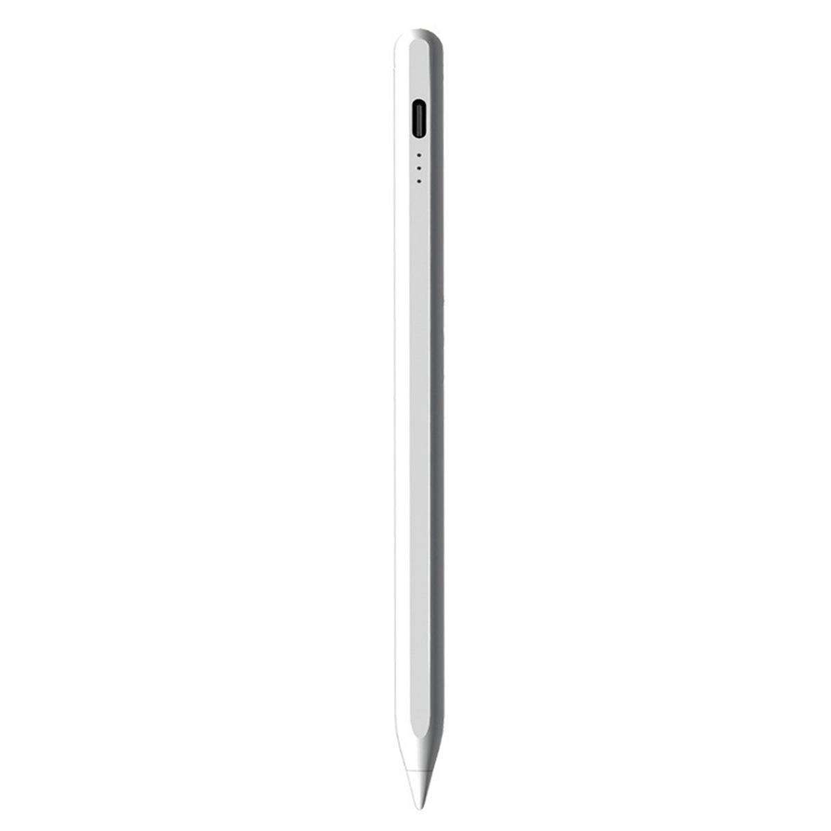 Ein langer, weißer Stift, mit einem Knopf oben. Drei Punkte sind sichtbar.