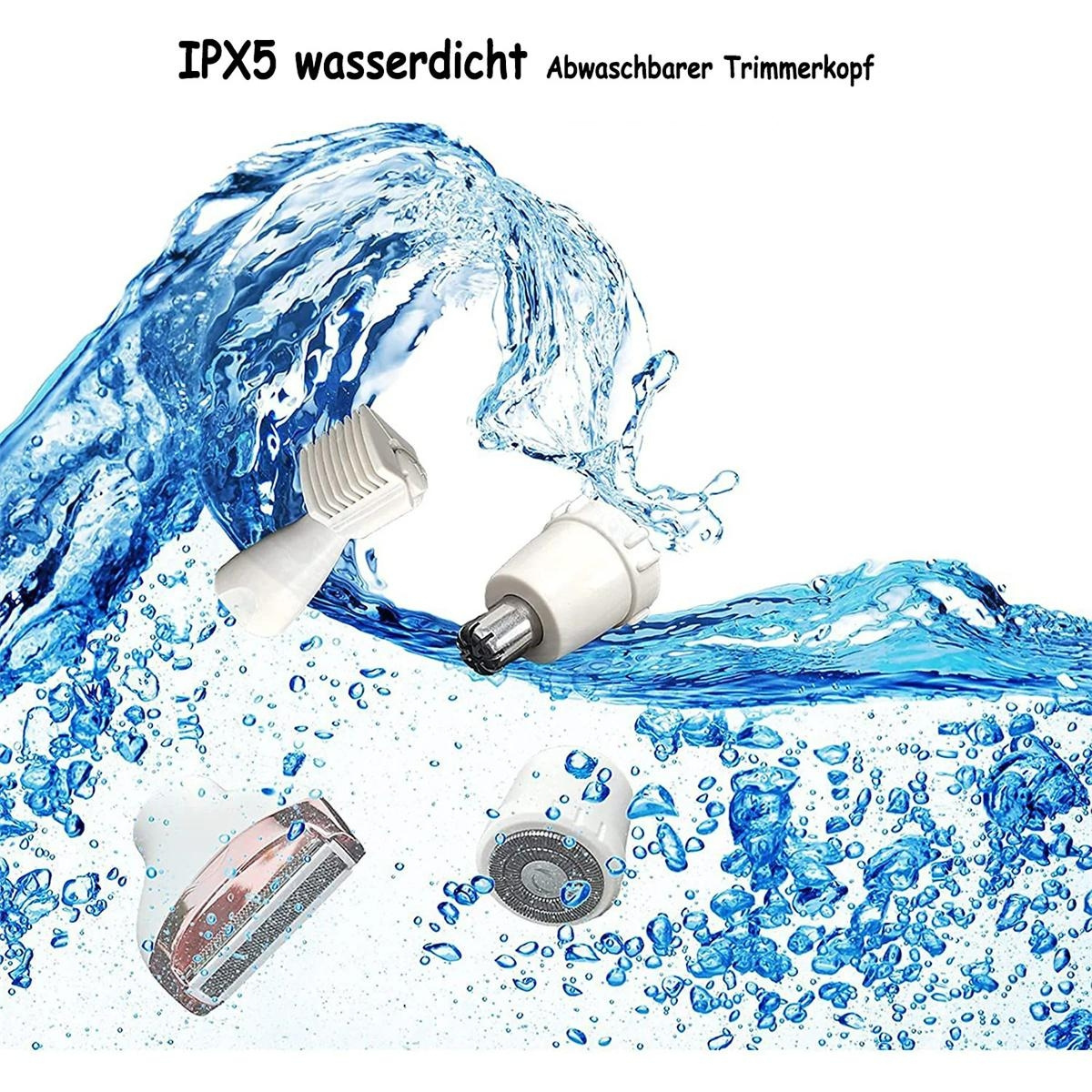 Weiße und rosa elektrische Rasiererköpfe mit Wassertropfen. Hintergrund zeigt Wasser.