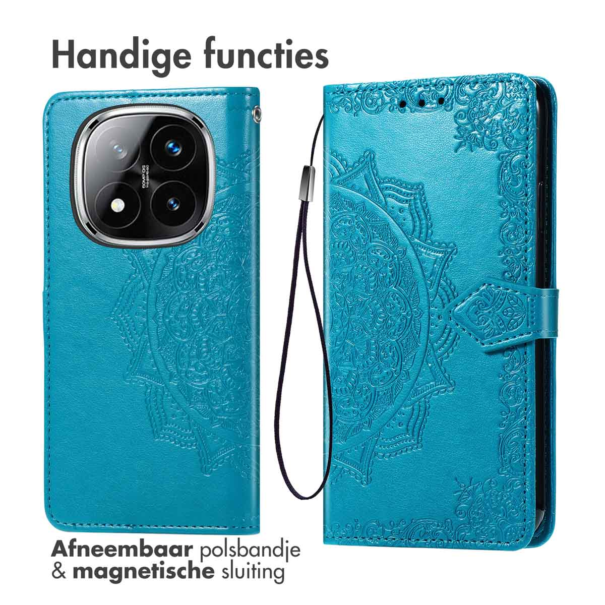Teal lederen telefoonhoes met mandala, afneembare polsband en magnetische sluiting.