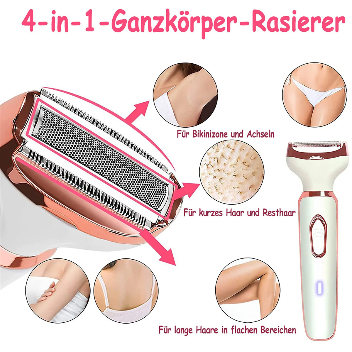 Ein rosa-weißer elektrischer Rasierer mit mehreren Ansichten, die verschiedene Anwendungsbereiche zeigen.