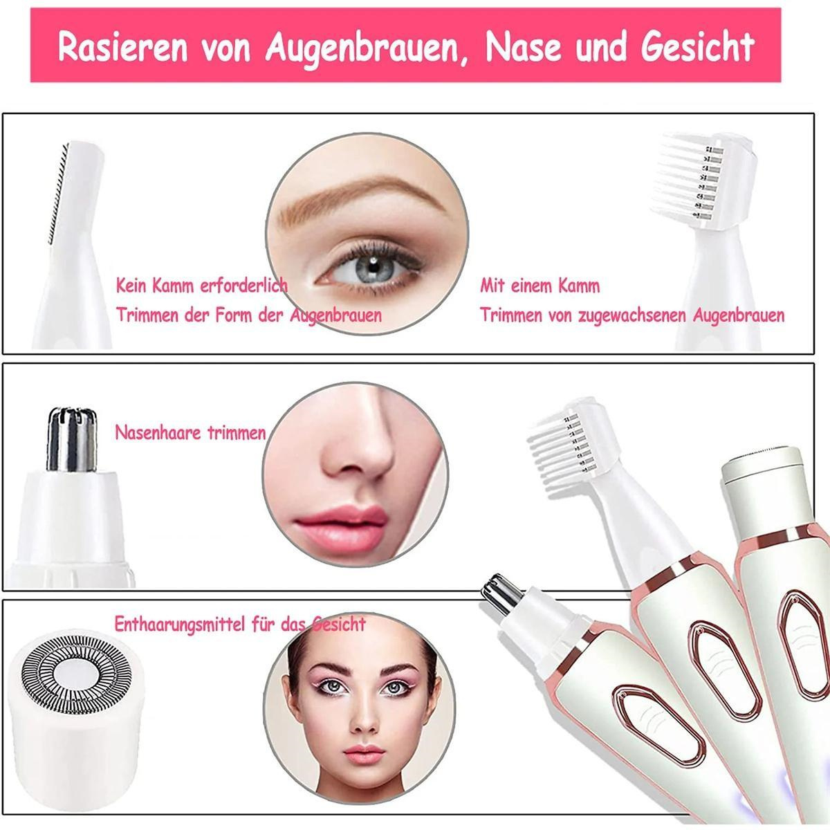 Diagramm zeigt Haartrimmer und Nahaufnahmen von Bereichen wie Augenbrauen, Nase und Gesicht.