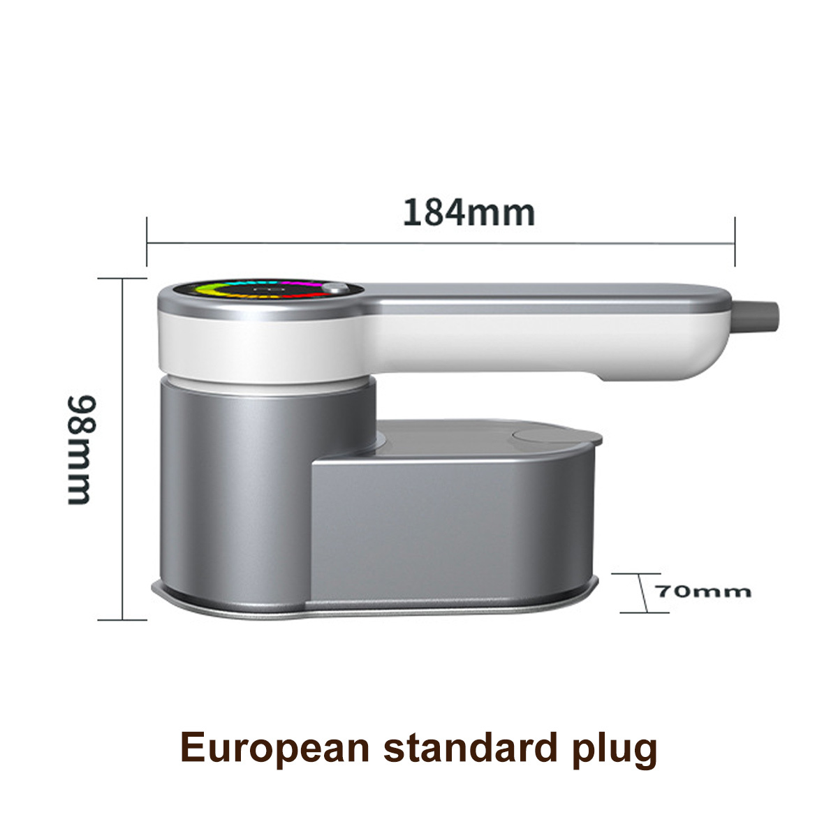 Ein weiß-graues Gerät mit beschrifteten Abmessungen und einem Eurostecker.