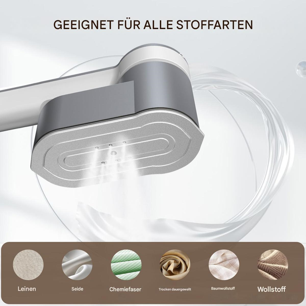 Ein Dampfbügeleisen, mit Dampf, mit Stoffart-Symbolen unten.