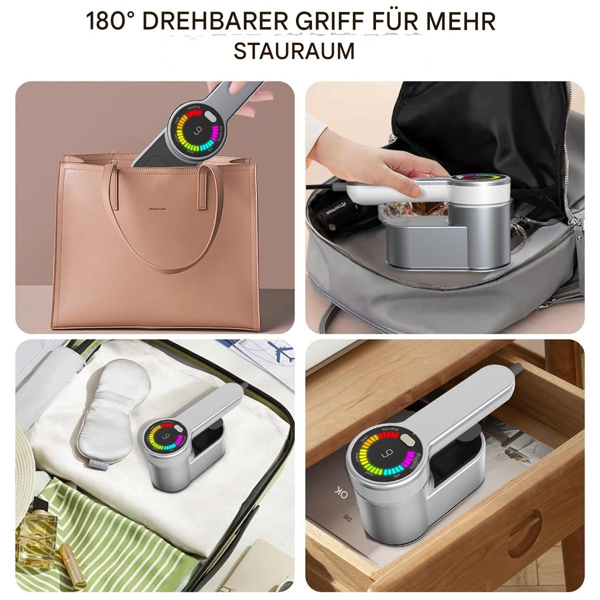 Collage eines tragbaren Kleidungsdampfers in Gebrauch, der seine verschiedenen Funktionen zeigt.