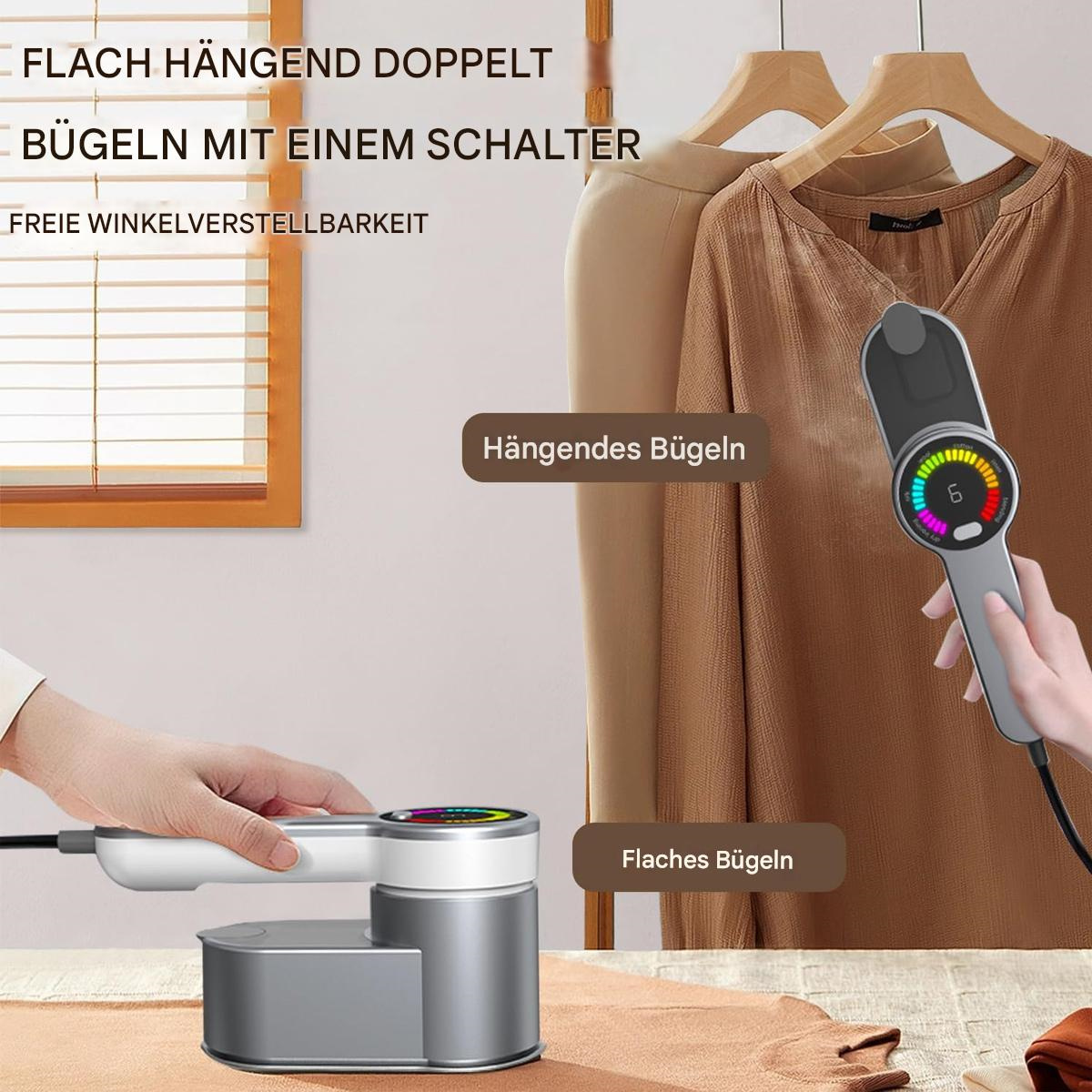 Hand hält grauen Steamer über braunem Kleidungsstück, Kleidung im Hintergrund.