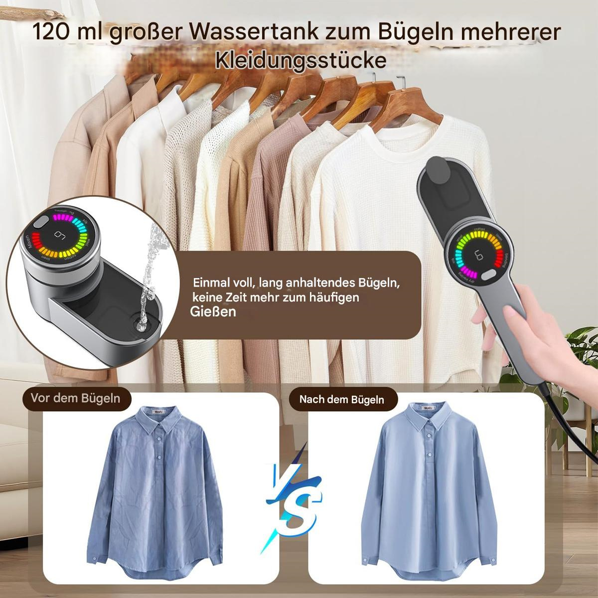 Ein Kleidungsdampfer mit Dampfbügeleisen und ein Vorher-Nachher-Vergleich eines Hemdes.