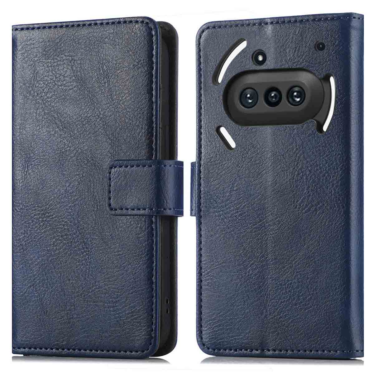 Una custodia per telefono in pelle blu, aperta per mostrare un telefono con tre obiettivi della fotocamera.