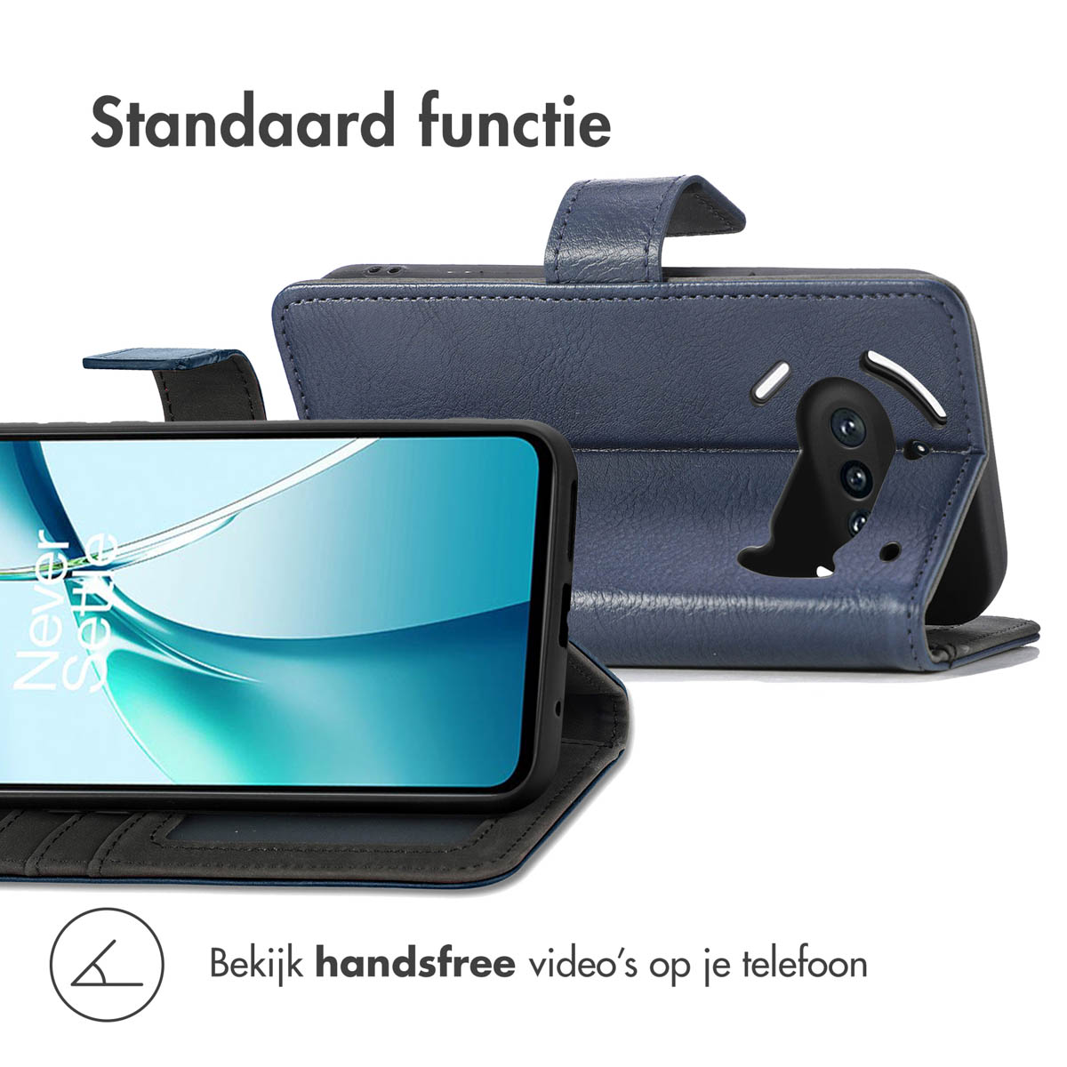 Una custodia per telefono blu con un telefono all'interno, con il testo: "Bekijk handsfree video's op je telefoon".