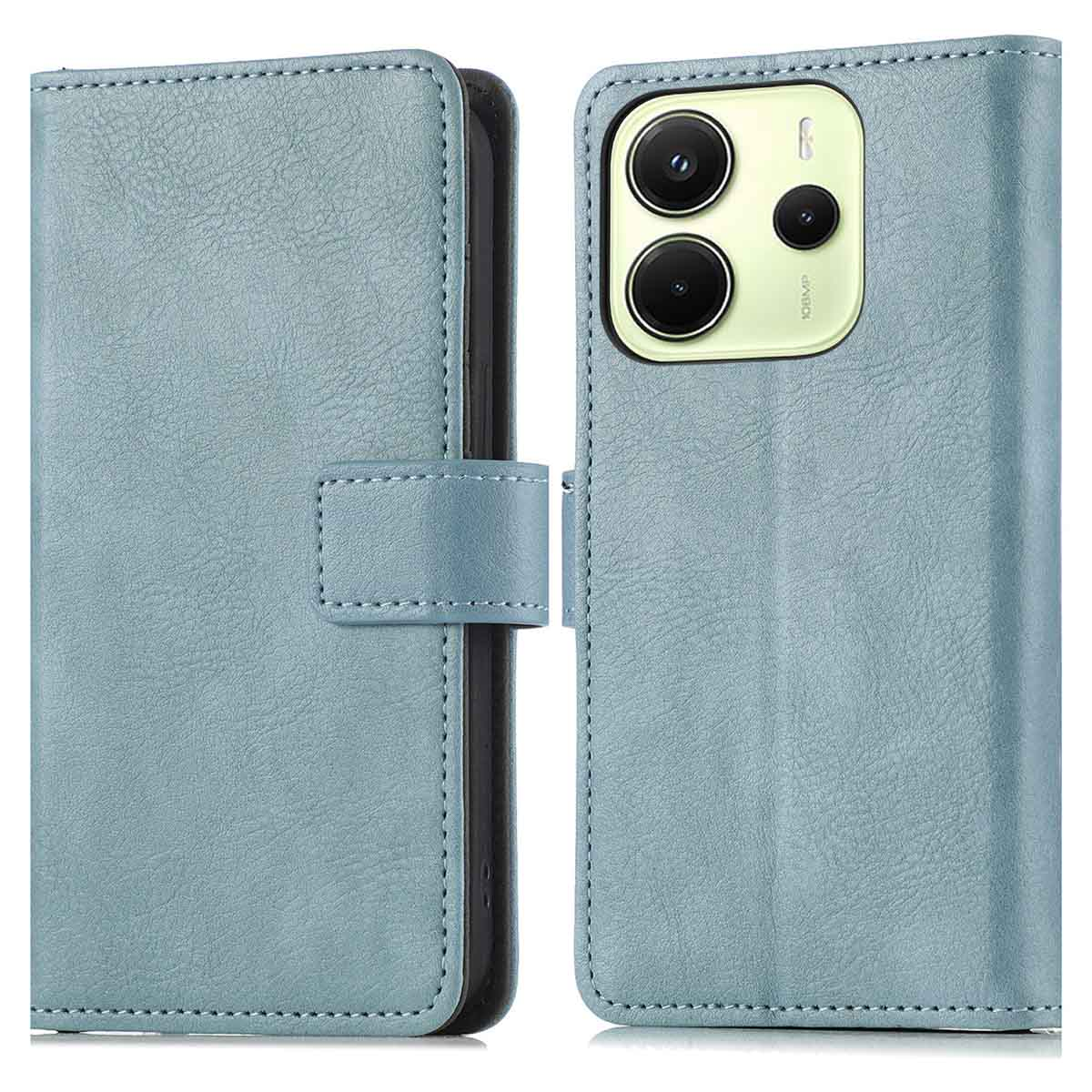 Een blauwe telefoonhoes die open is en een telefoon met drie camera's laat zien.
