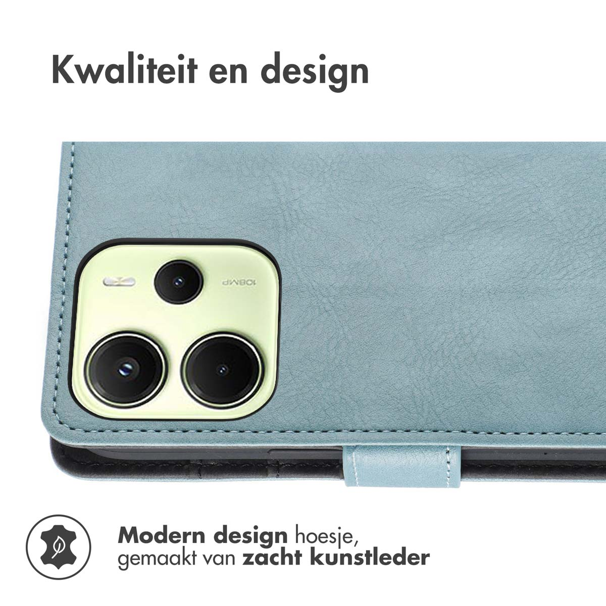 Close-up van een telefoonhoesje met de camera. De tekst bovenaan luidt 'Kwaliteit en design'.