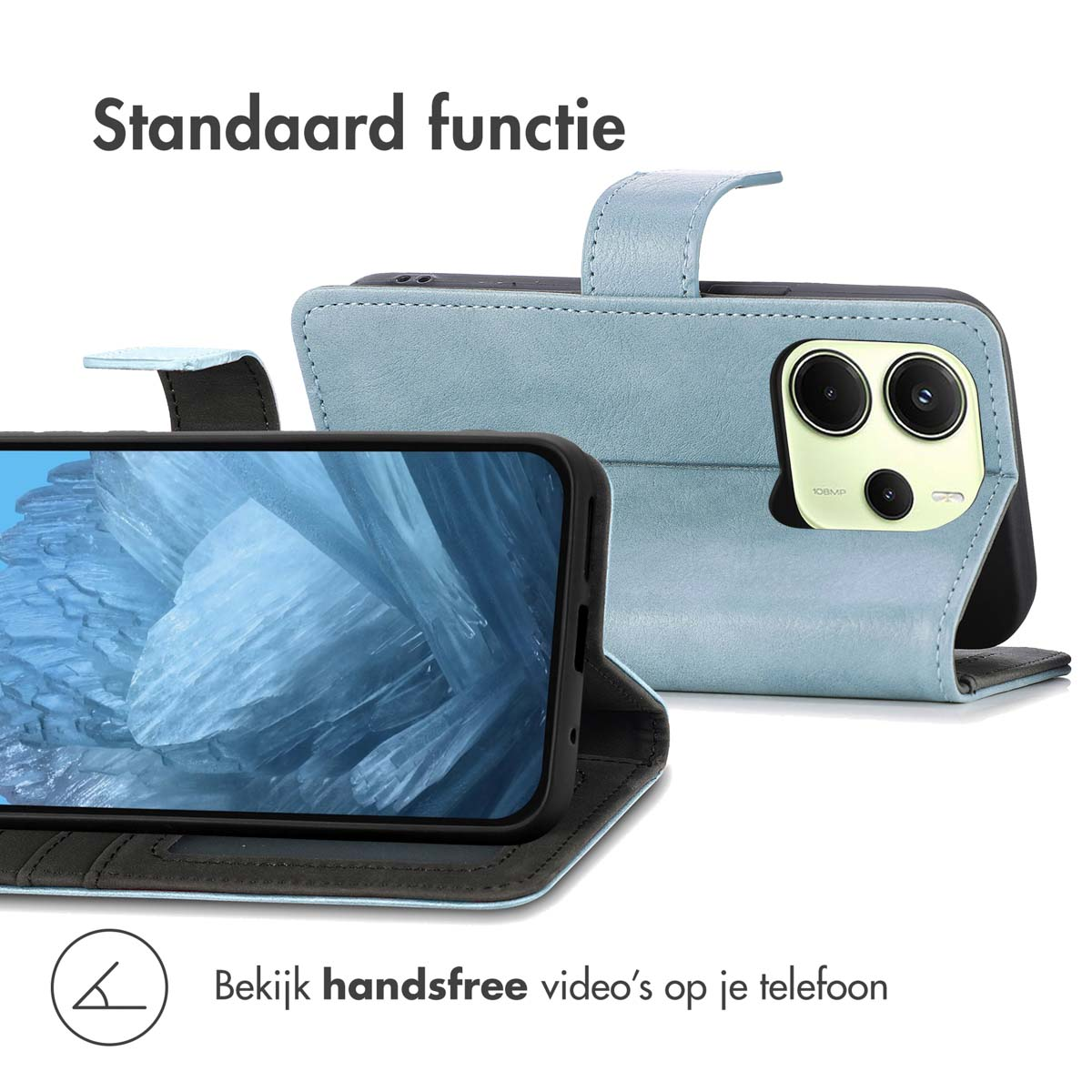 Een blauwe telefoonhoes met een telefoon erin, met de tekst: "Bekijk handsfree video's op je telefoon".