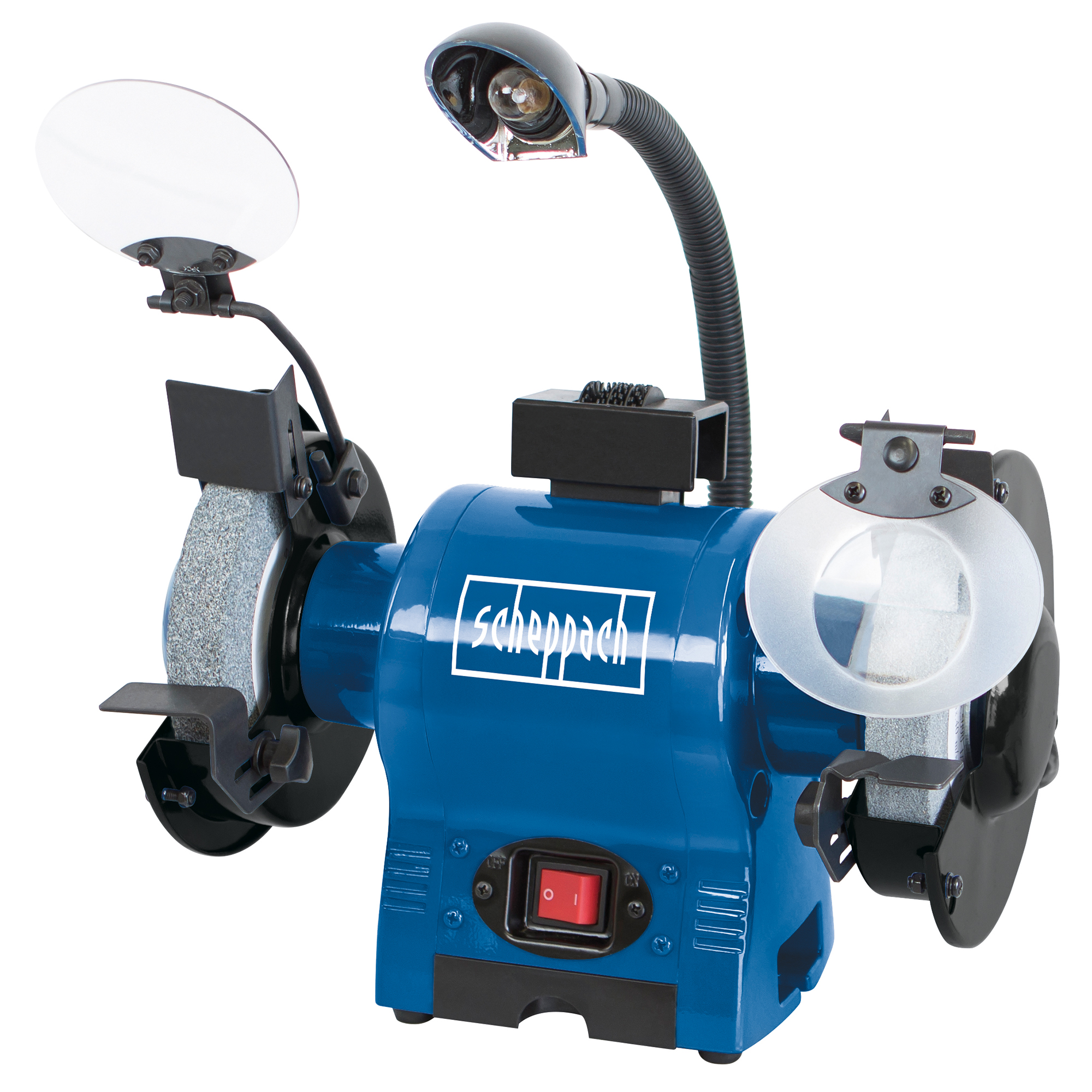 Smerigliatrice Scheppach blu con luce e lenti d'ingrandimento. Sfondo bianco.