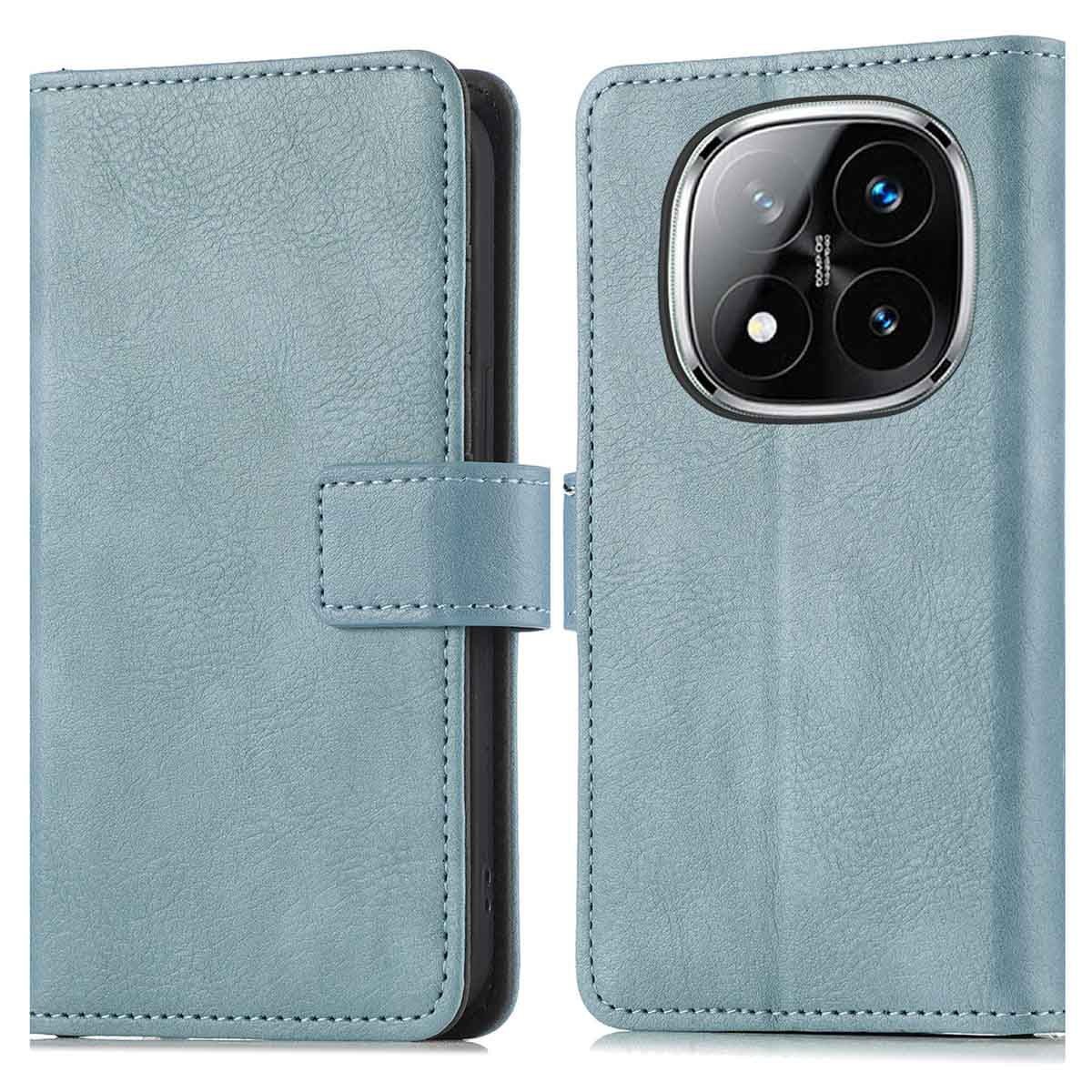 Coque de téléphone bleue avec un design de caméra arrière. La coque du téléphone est ouverte.