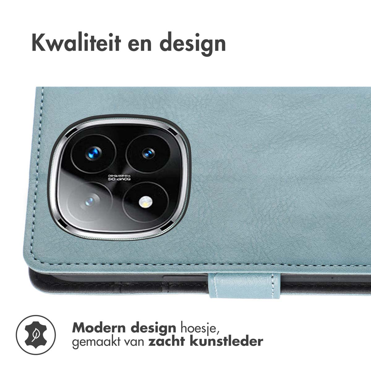 Gros plan sur une coque de téléphone bleu clair avec découpe caméra. Texte néerlandais.